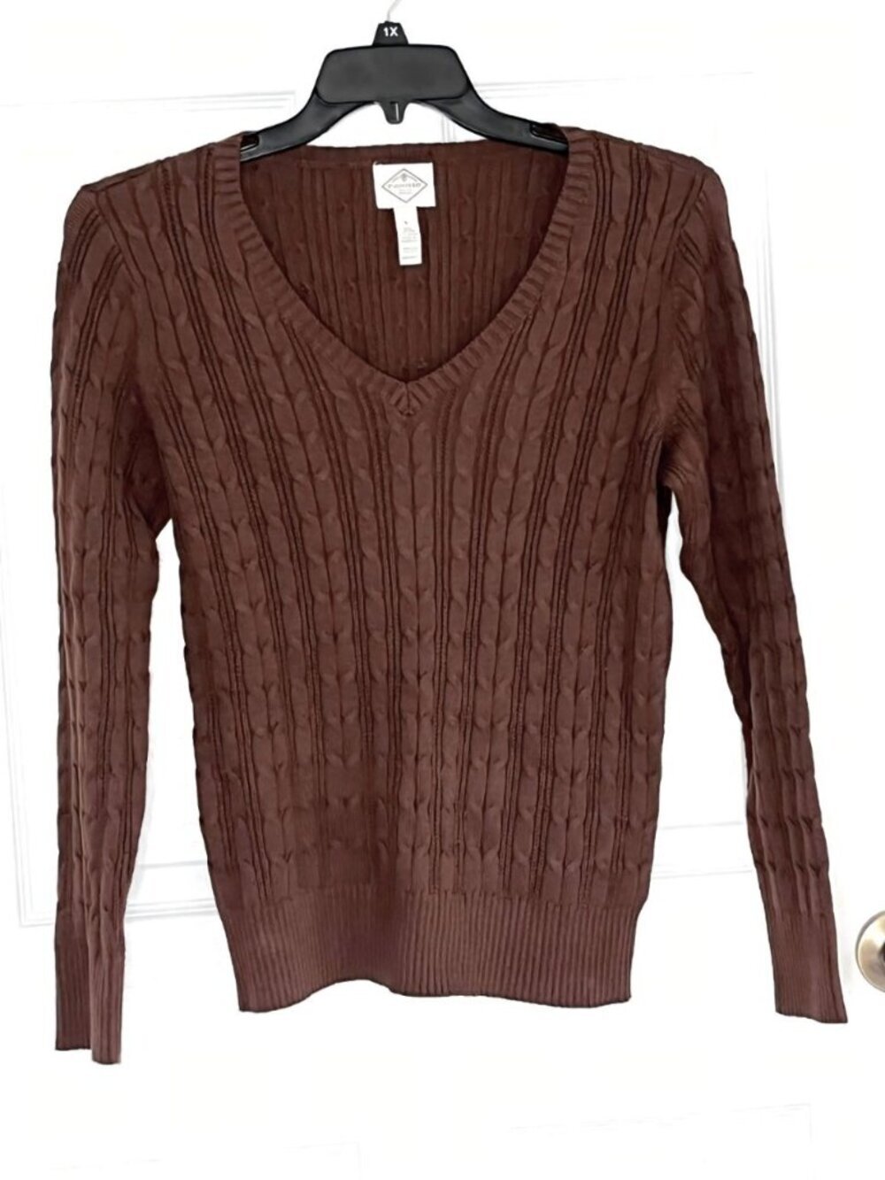 Womens Cable Knit Sweater size L V-Neck Tennis Prep Old Money Academia Brown